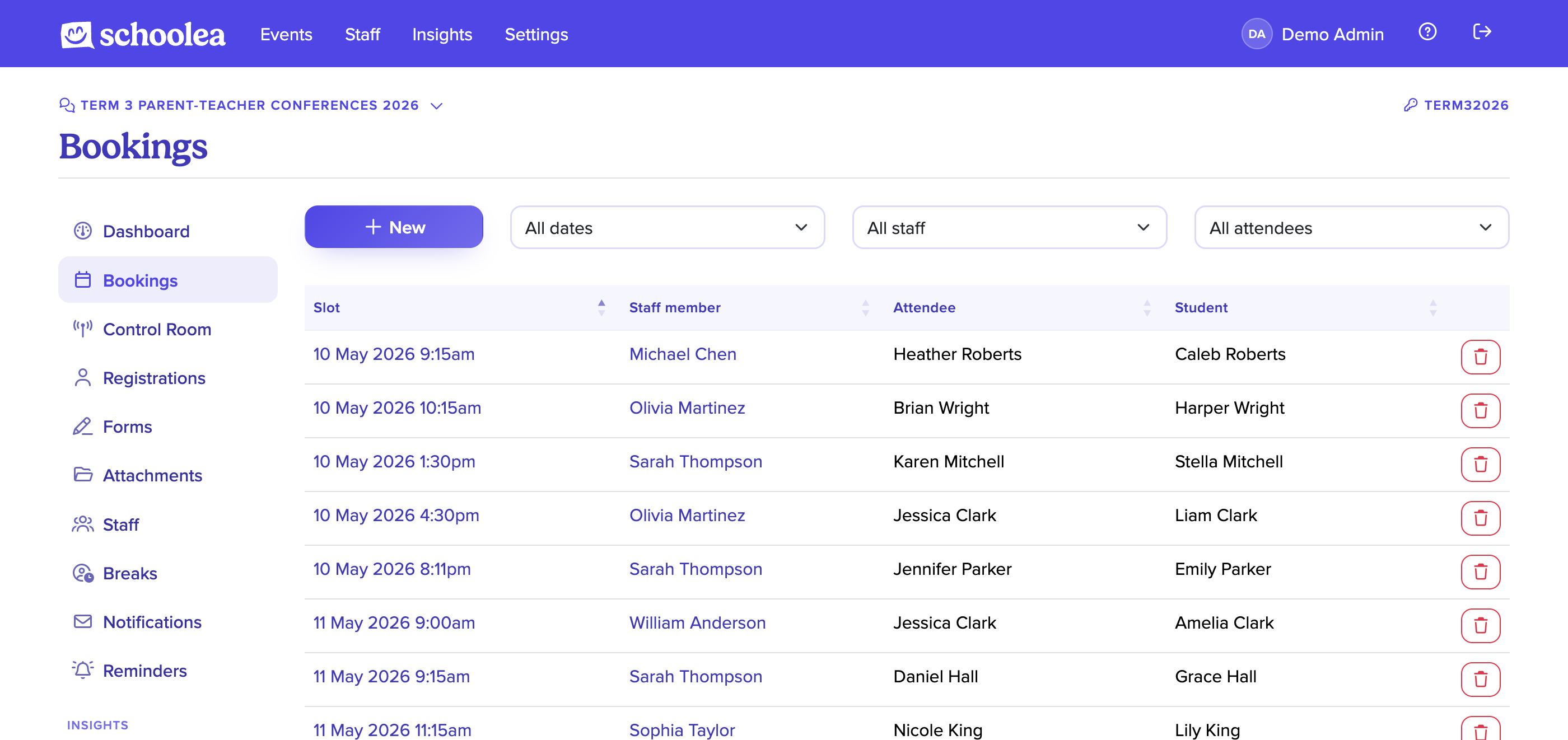 Bookings table showing each appointment paired with the student it covers