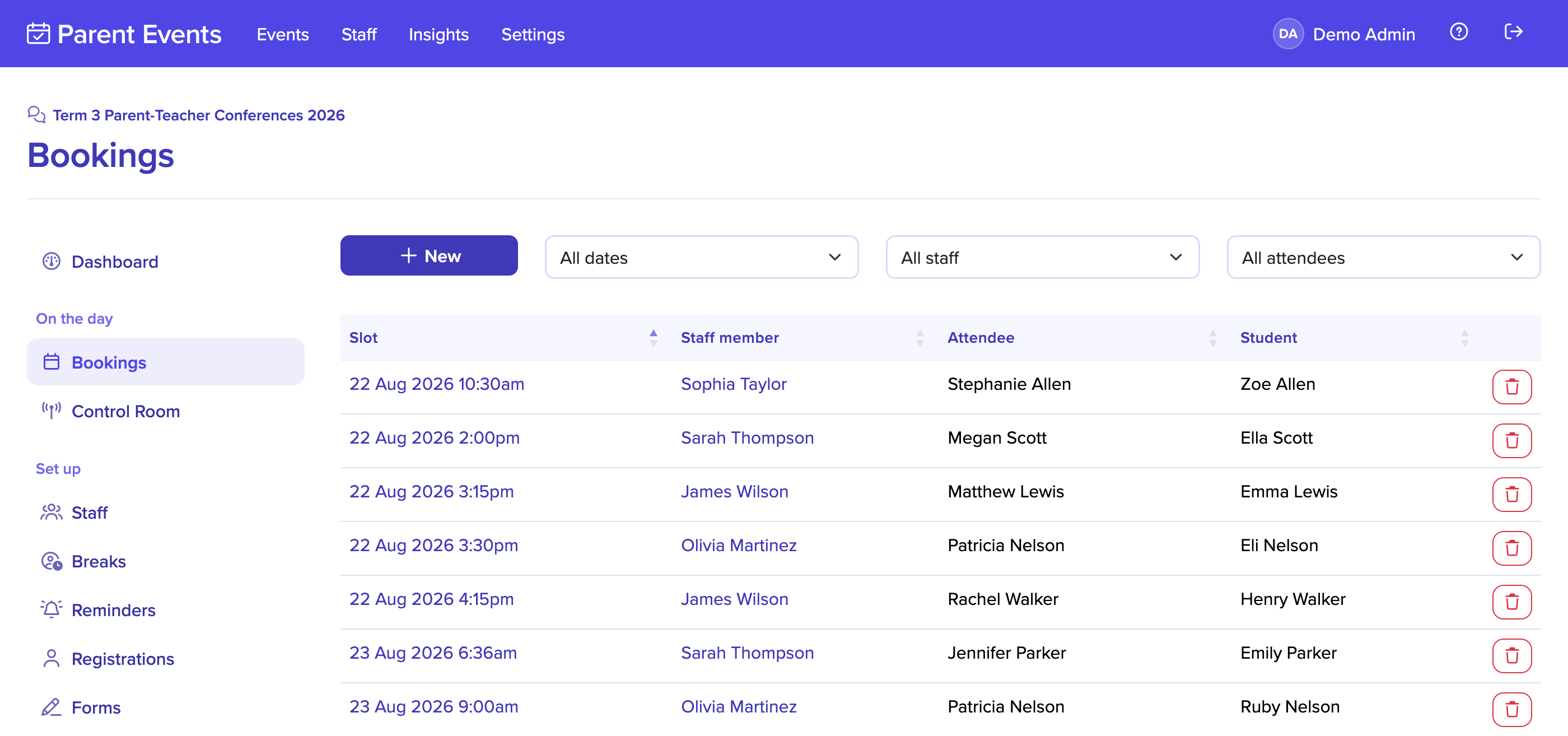 Bookings table showing scheduled appointments by time, staff and family
