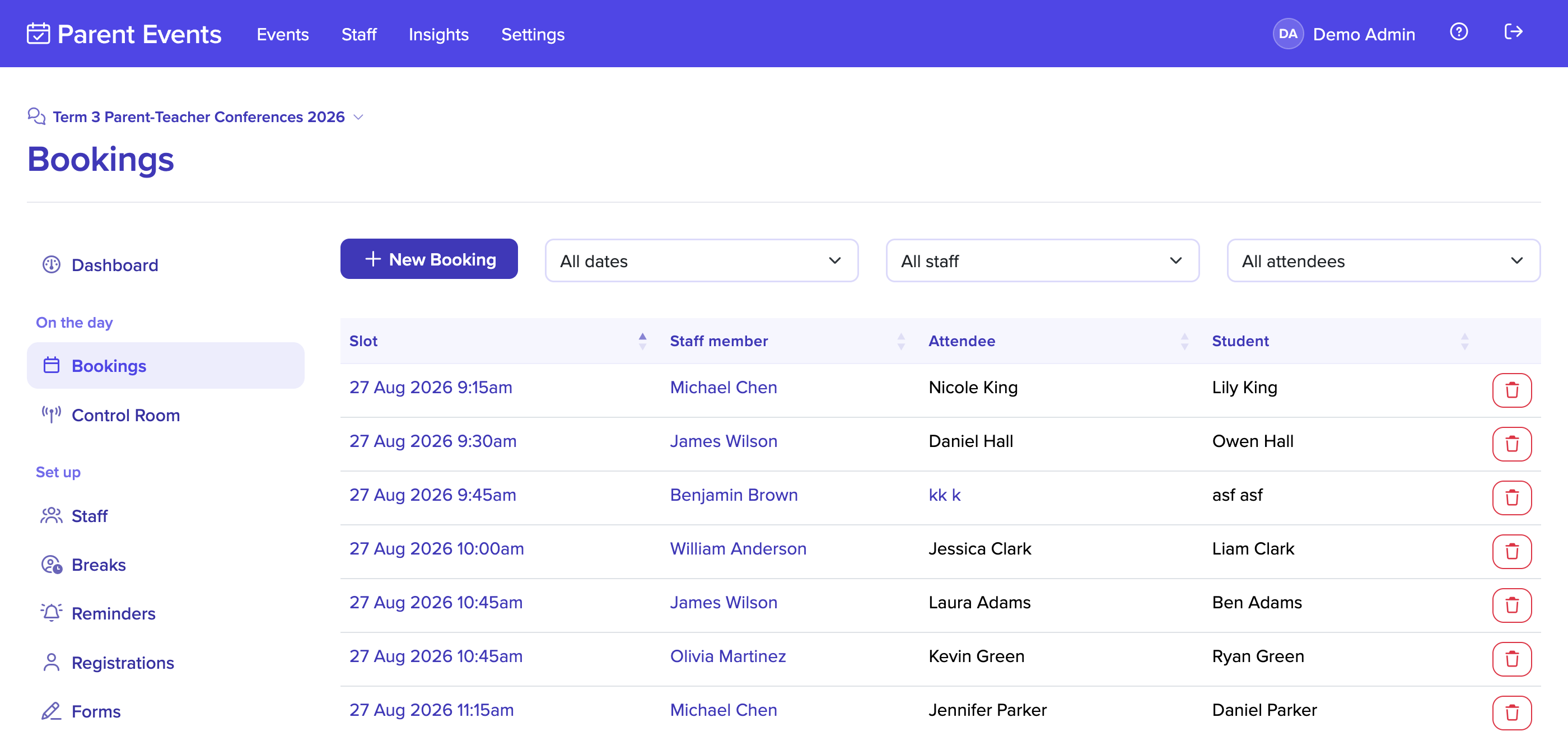 Bookings table showing scheduled appointments by time, staff and family