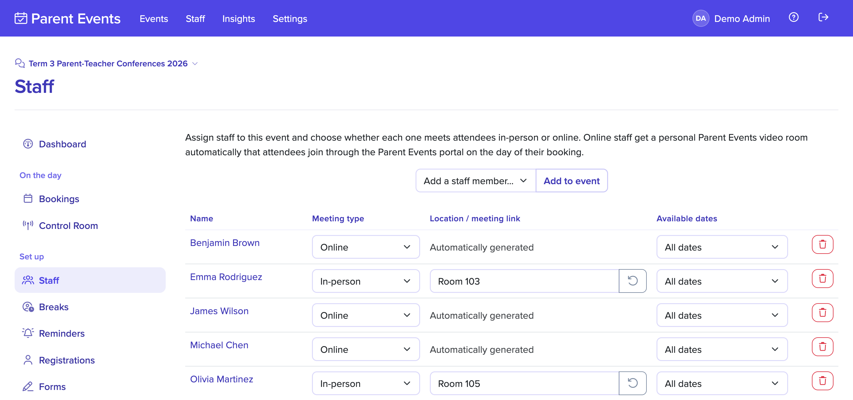 Staff list for a conference event with a mix of in-person and online meeting types