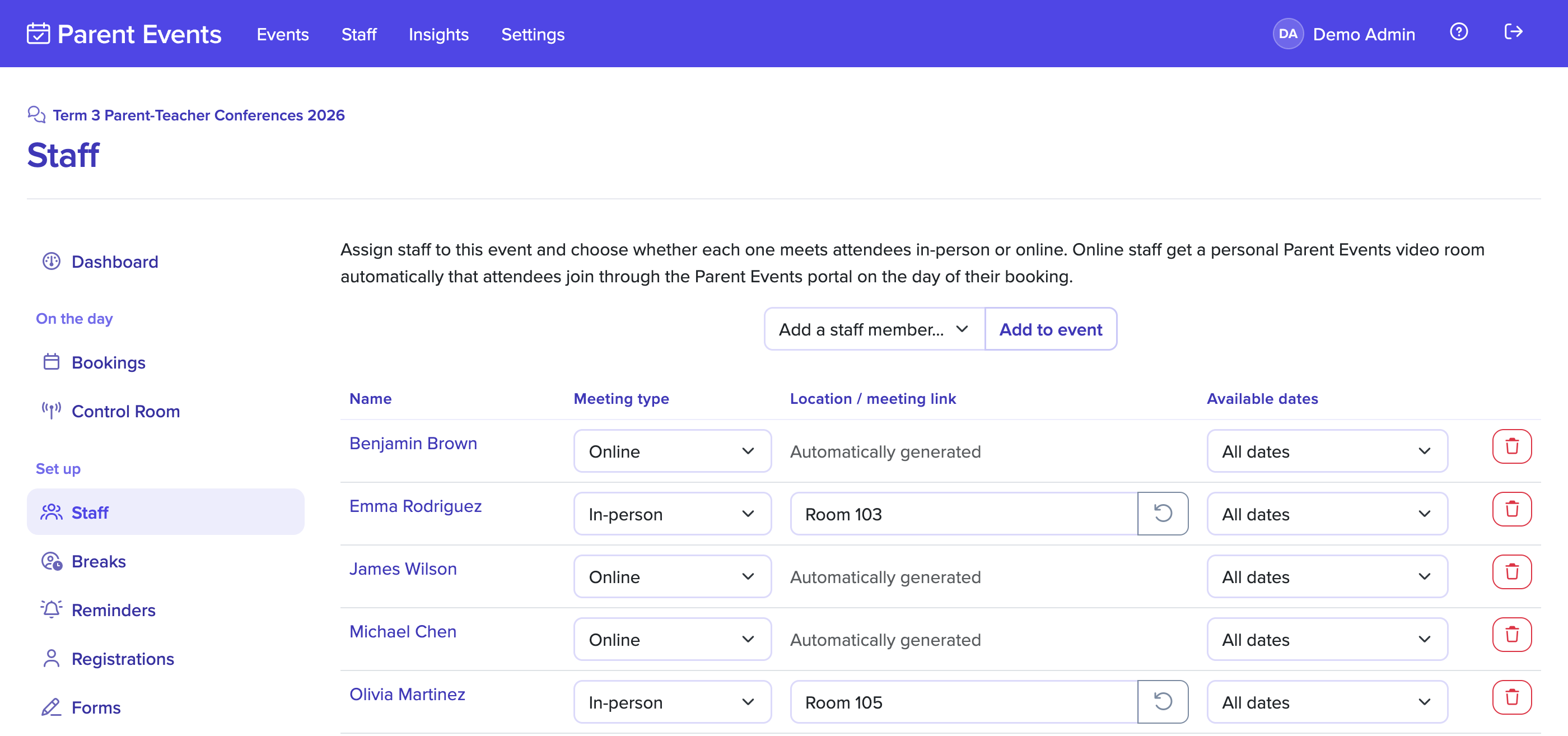 Staff list for a conference event with a mix of in-person and online meeting types