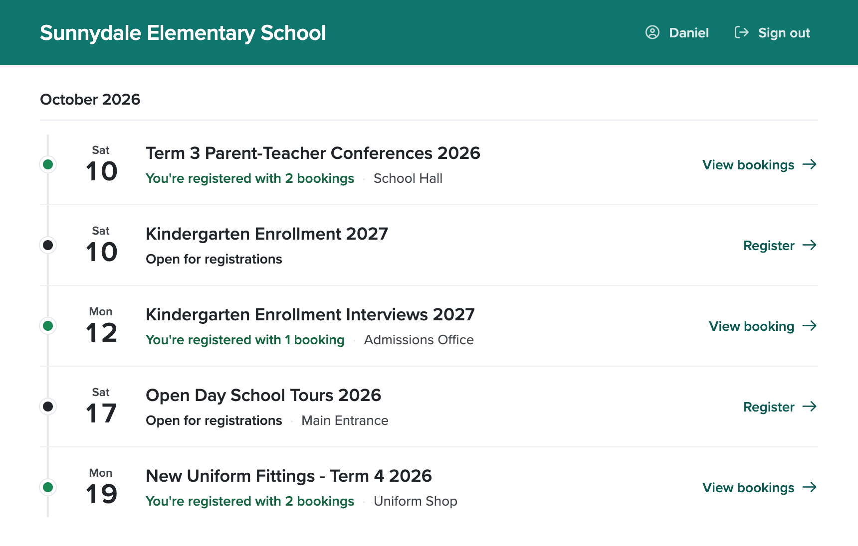 A family dashboard on a school event website, listing every event they are registered for